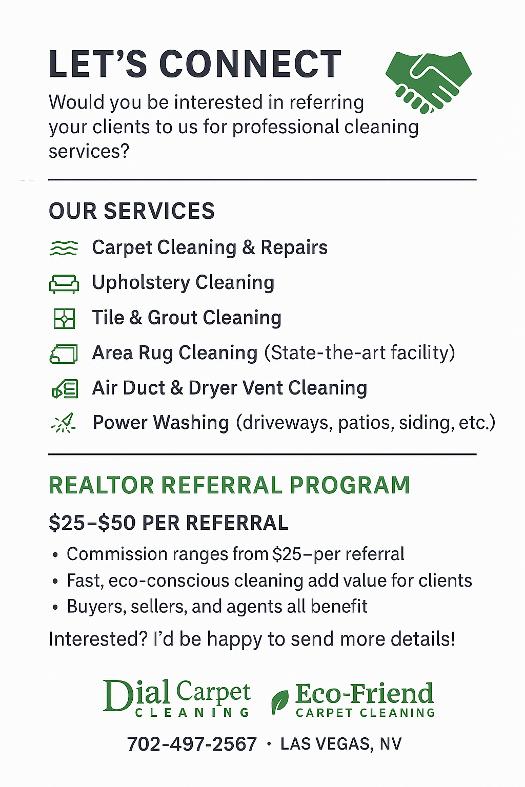 Flyer for Dial Carpet Cleaning advertising a realtor referral program in Las Vegas.