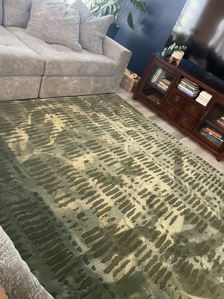 Eco Friend Carpet Clean - Green patterned rug in front of a grey sectional sofa and a wooden entertainment center.