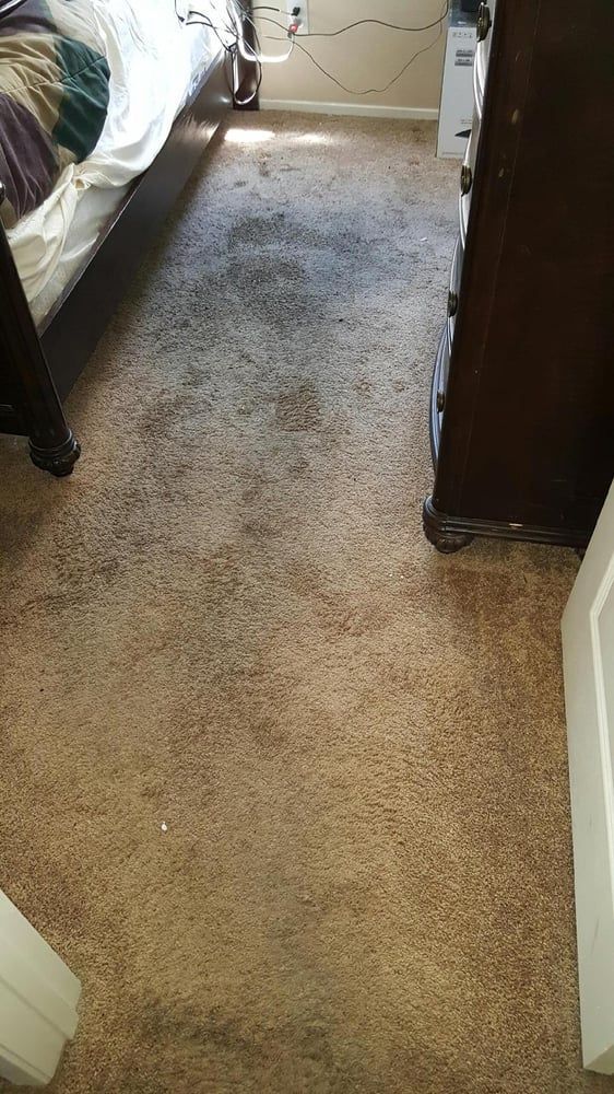 A bedroom with a bed , dresser , and dirty carpet.