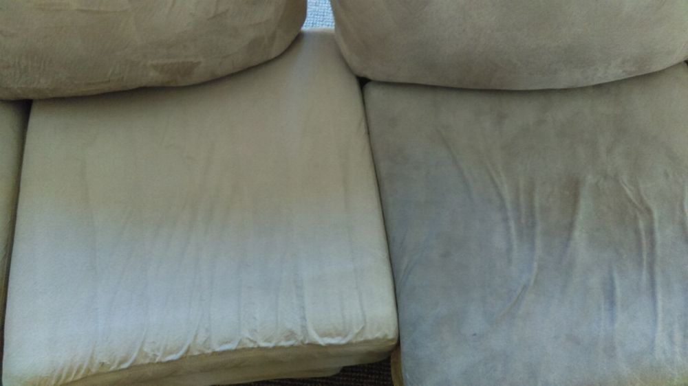 A close up of a couch before and after being cleaned.