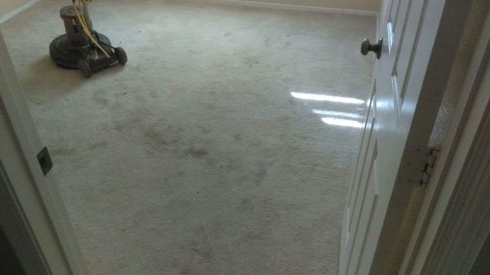A room with a door and a vacuum cleaner on the floor.