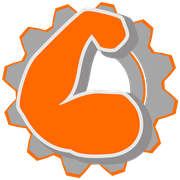 An orange and gray gear with a muscle in the middle