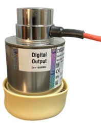 Célula de carga con salida digital, cilíndrica en acero inoxidable, con cable y etiqueta blanca.