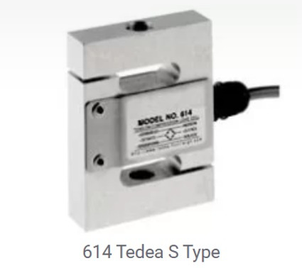 Célula de carga Tedea tipo S plateada con cable negro y placa con número de modelo.