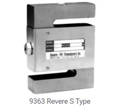 Una celda de carga Revere tipo S plateada, modelo 9363, con un diseño en forma de S y detalles etiquetados.