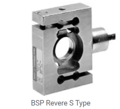 Célula de carga BSP Revere tipo S. Sensor plateado, de forma cuadrada y con un gran orificio central.