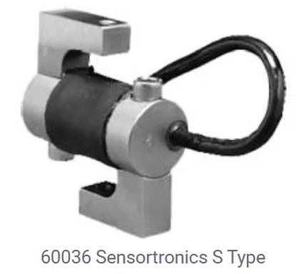 Célula de carga SensorTronics tipo S, color plata, extremos en forma de U, cuerpo cilíndrico, cable negro.