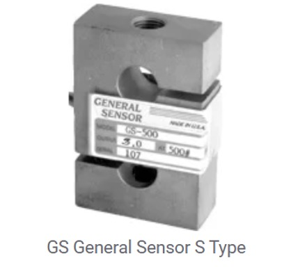 Una celda de carga tipo S de General Sensor GS de metal con un corte central y una etiqueta.