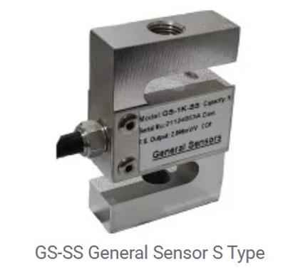 Célula de carga tipo S plateada con cable negro y etiqueta de texto, fabricada por General Sensors.