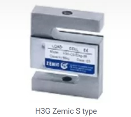 Célula de carga en forma de S, de metal plateado, etiquetada como 