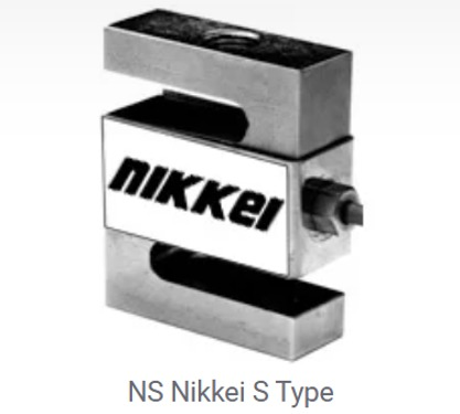 Célula de carga NS Nikkei tipo S. Metálica plateada, rectangular, con panel central blanco y texto 
