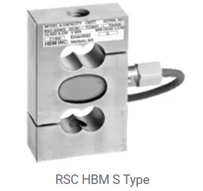Célula de carga tipo S HBM RSC plateada con cable y etiqueta de información del modelo.