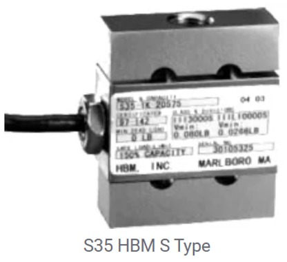 Célula de carga S35 HBM tipo S con cable adjunto e información del fabricante en el dispositivo.