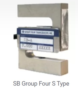 Célula de carga en forma de S, plateada, de Group Four Transducers, etiquetada 