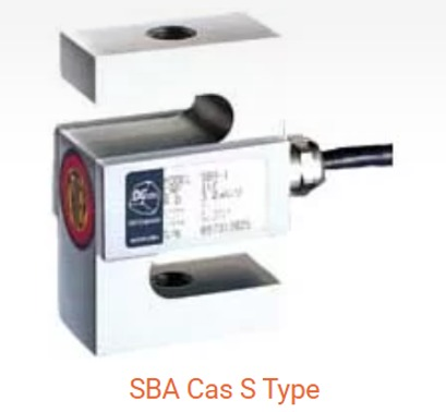 Sensor de celda de carga tipo S con marco de metal plateado, etiqueta de datos y cable eléctrico.