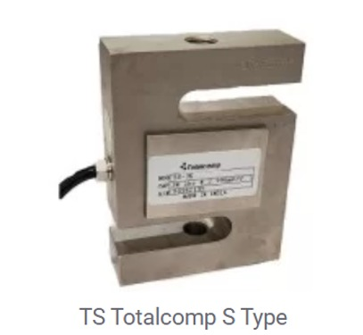 Célula de carga TS Totalcomp Tipo S, color plata, en forma de C, con etiqueta y cable negro.