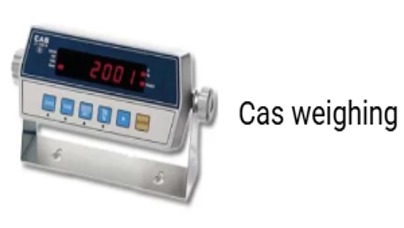 Báscula digital CAS con pantalla azul que muestra 