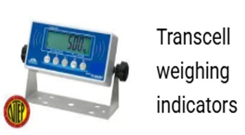 Indicador de pesaje Transcell con carcasa azul y plateada; visualización 5,00.
