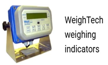 Indicador de pesaje WeighTech. Dispositivo azul y gris sobre soporte metálico, con lectura digital.