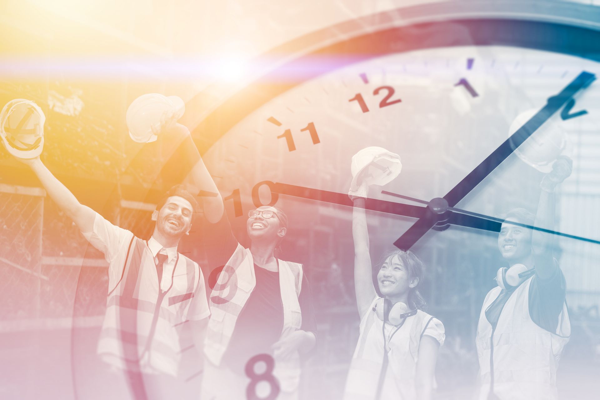 A group of people are standing in front of a large clock.