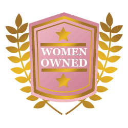 a pink and gold shield with the words women owned on it