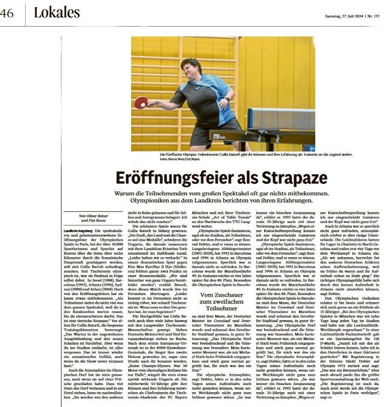 Ein Zeitungsartikel über einen Mann, der Tischtennis spielt