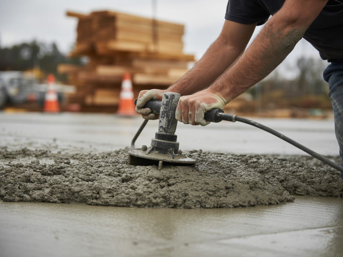 Person using a power tool to smooth wet concrete at a construction site.