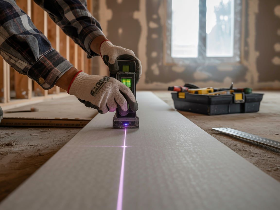 A worker uses a laser level to align a board during a construction project.