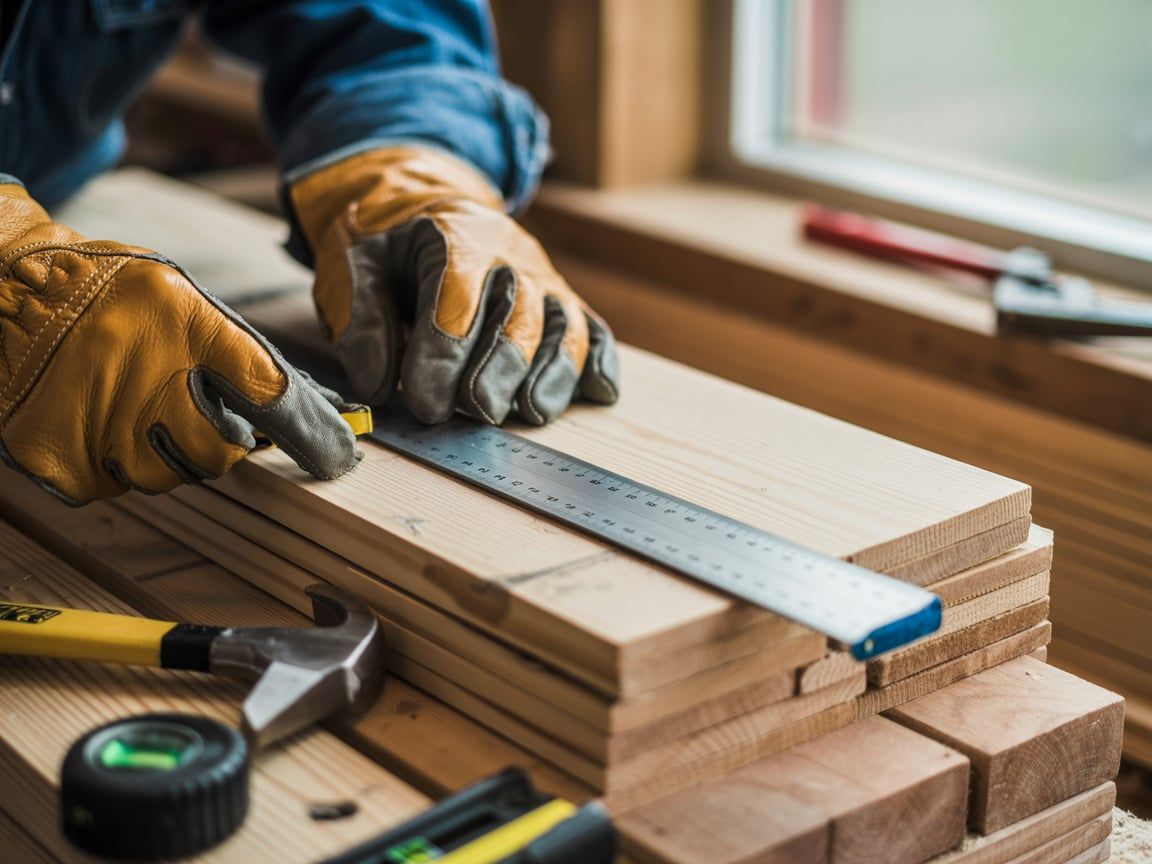 Hands in work gloves measure a wooden plank with a metal ruler, with tools and wood stacked nearby.