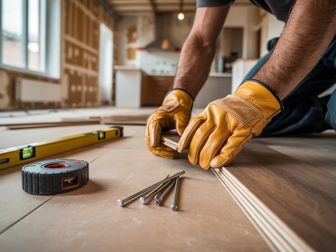 Person with work gloves installing wood flooring, tools nearby.