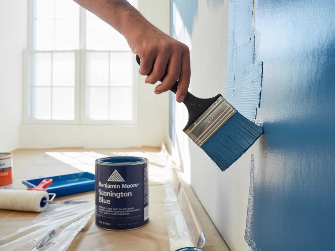 Person painting a white wall blue with a paintbrush, paint can nearby.