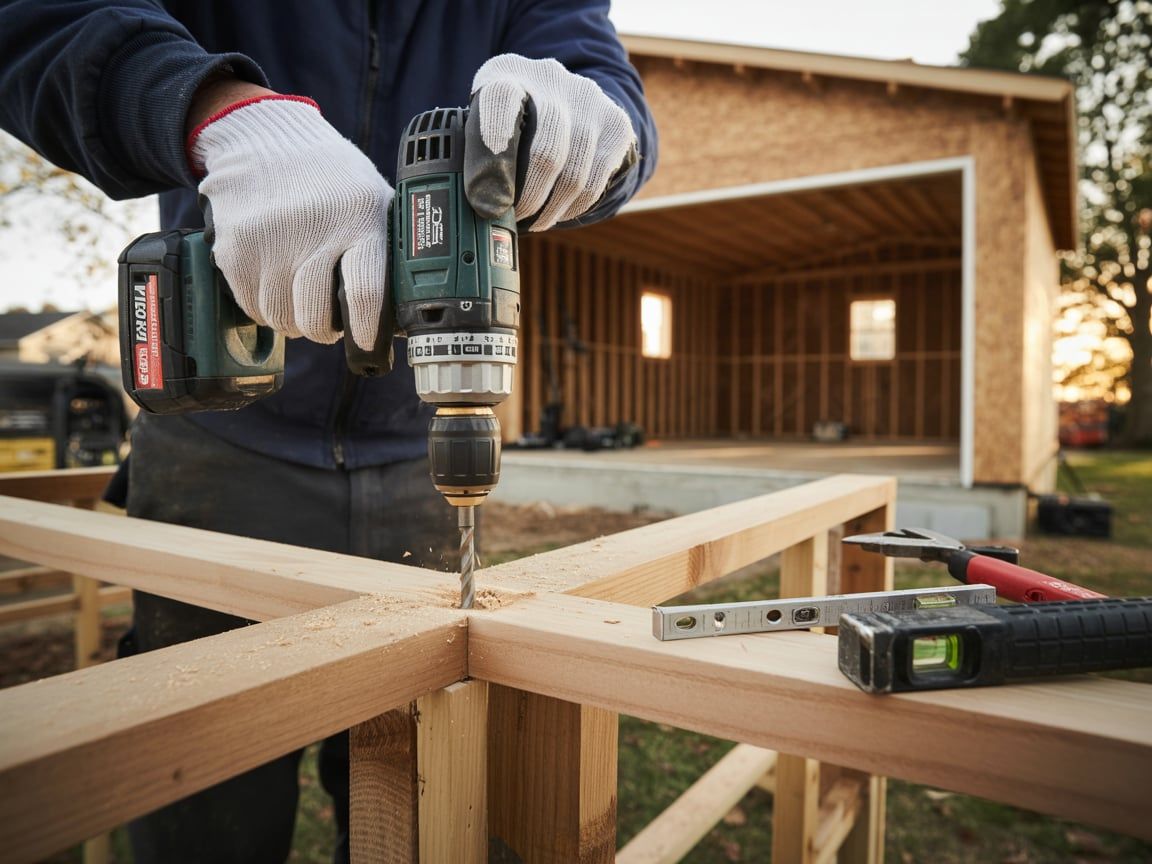 Person drilling wood with a power drill, building a wooden structure outdoors near a partially-built shed.