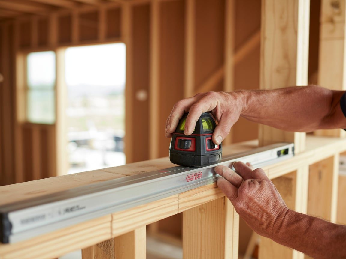 Person using a level and laser to align a wooden beam in a construction setting.