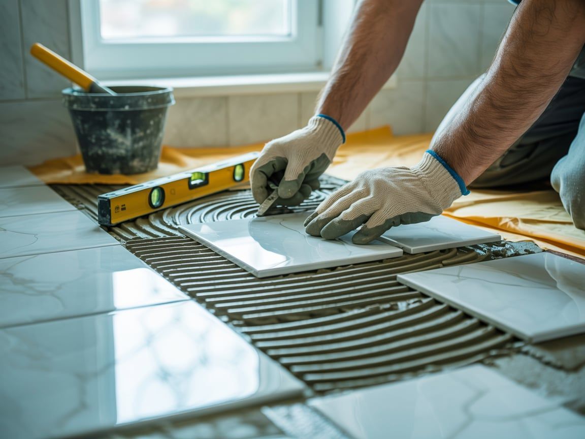 Person laying tile, using a level and trowel indoors.