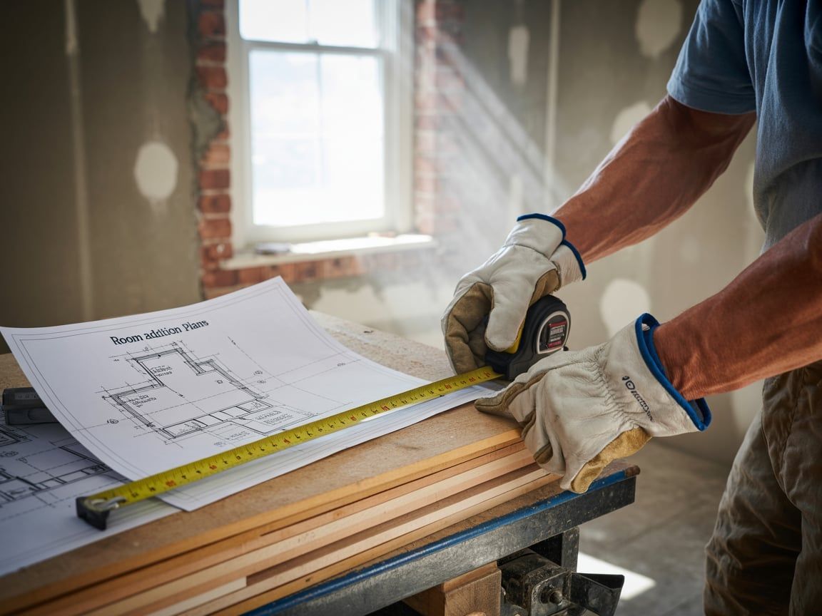 Person in work gloves measuring wood with a tape measure, plan visible on table, window in background.