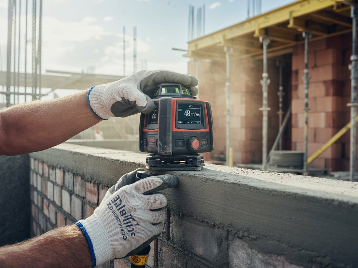 Person using a red and black laser level on a brick wall at a construction site.