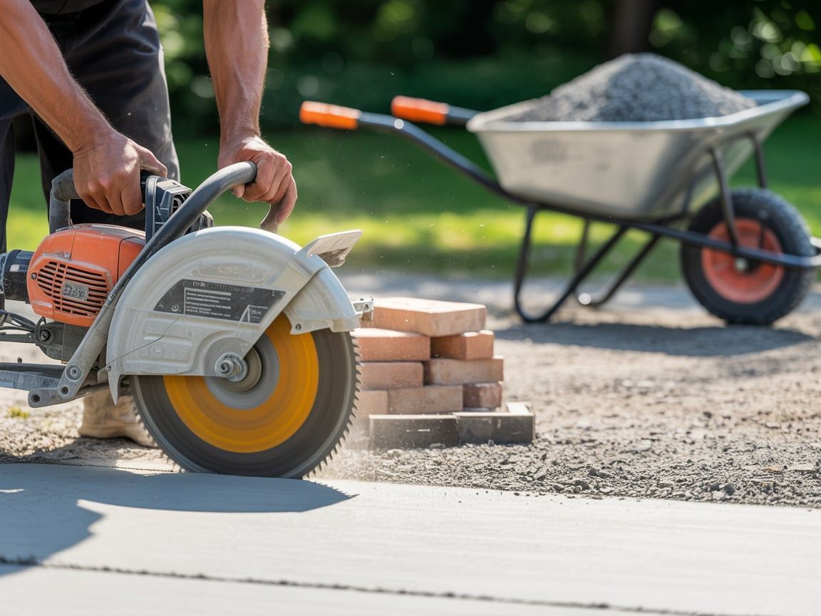 Person using a power saw to cut concrete on a paved surface; wheelbarrow with gravel and bricks in the background.