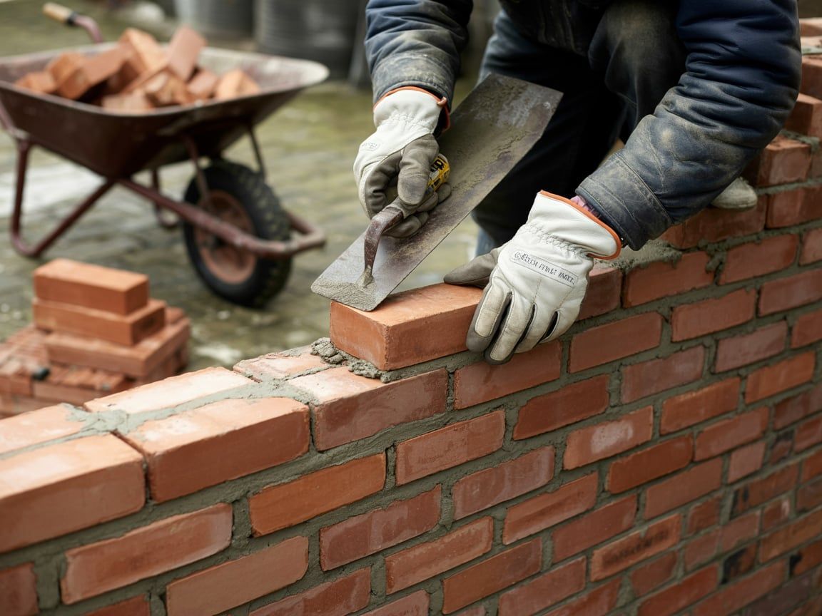 A construction worker laying red bricks with a trowel, building a wall.