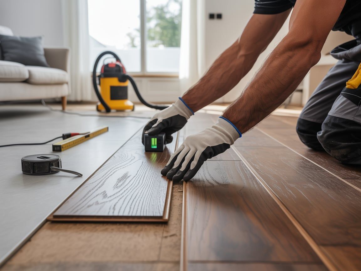 Person installing wood flooring, measuring and aligning planks. Indoors, with tools and vacuum in background.