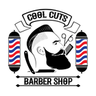 Logo for Cool Cuts Barber Shop featuring a man's profile, grooming tools, and two barber poles in red, white, and blue.