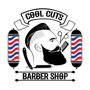 Logo for Cool Cuts Barber Shop featuring a man's profile, grooming tools, and two barber poles in red, white, and blue.