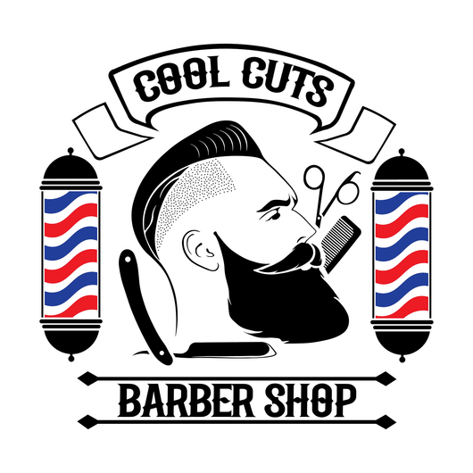Logo for Cool Cuts Barber Shop featuring a man's profile, grooming tools, and two barber poles in red, white, and blue.