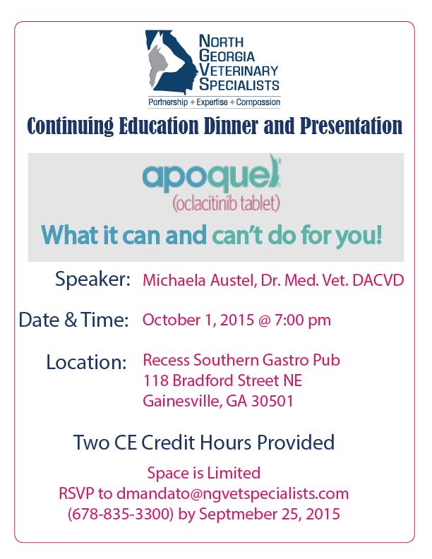 A poster for a continuing education dinner and presentation - North Georgia Veterinary Specialists