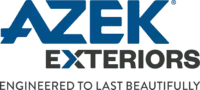 The azek exteriors logo is blue and black and says engineered to last beautifully.