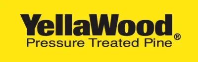 The yellow wood pressure treated pine logo is on a yellow background.