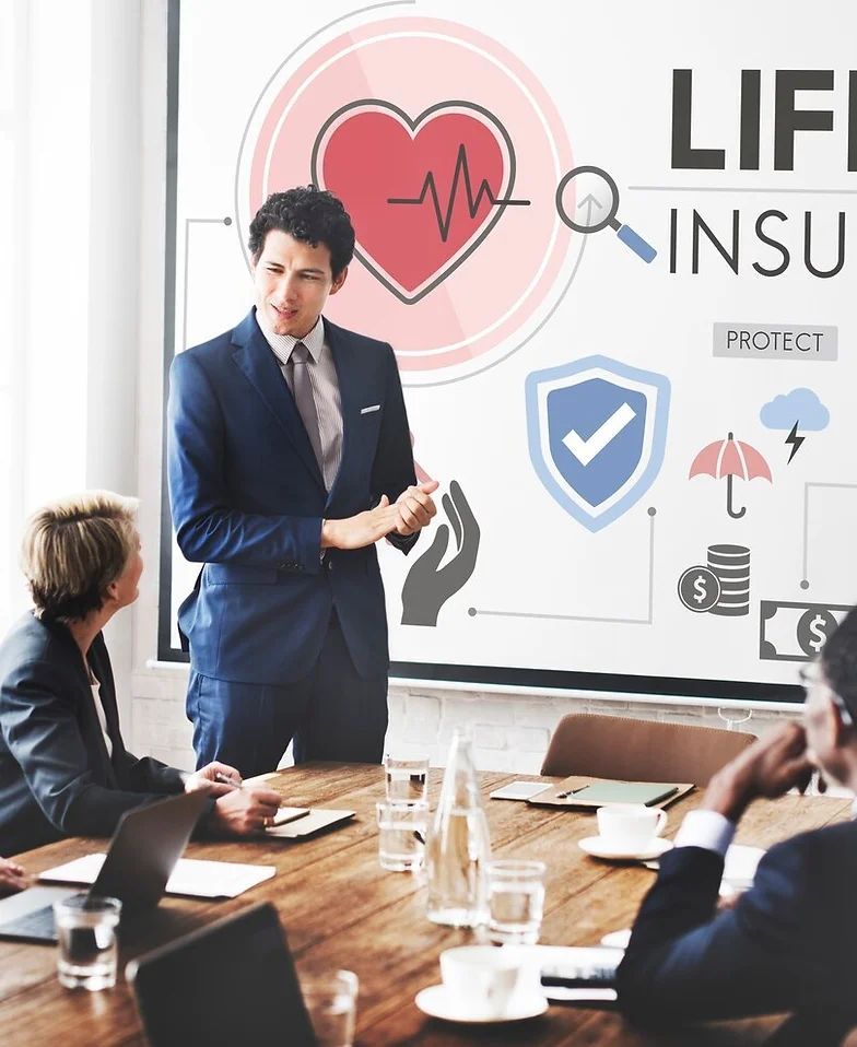 A man in a suit is giving a presentation about life insurance