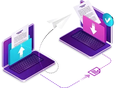 Two laptops are connected to each other and a paper airplane is flying between them.