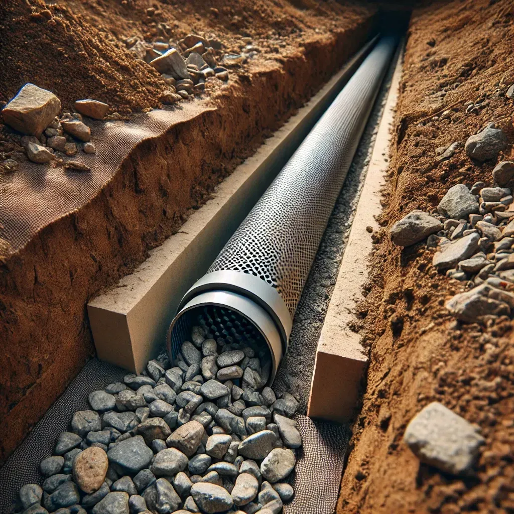 A pipe is being installed in a trench filled with rocks.