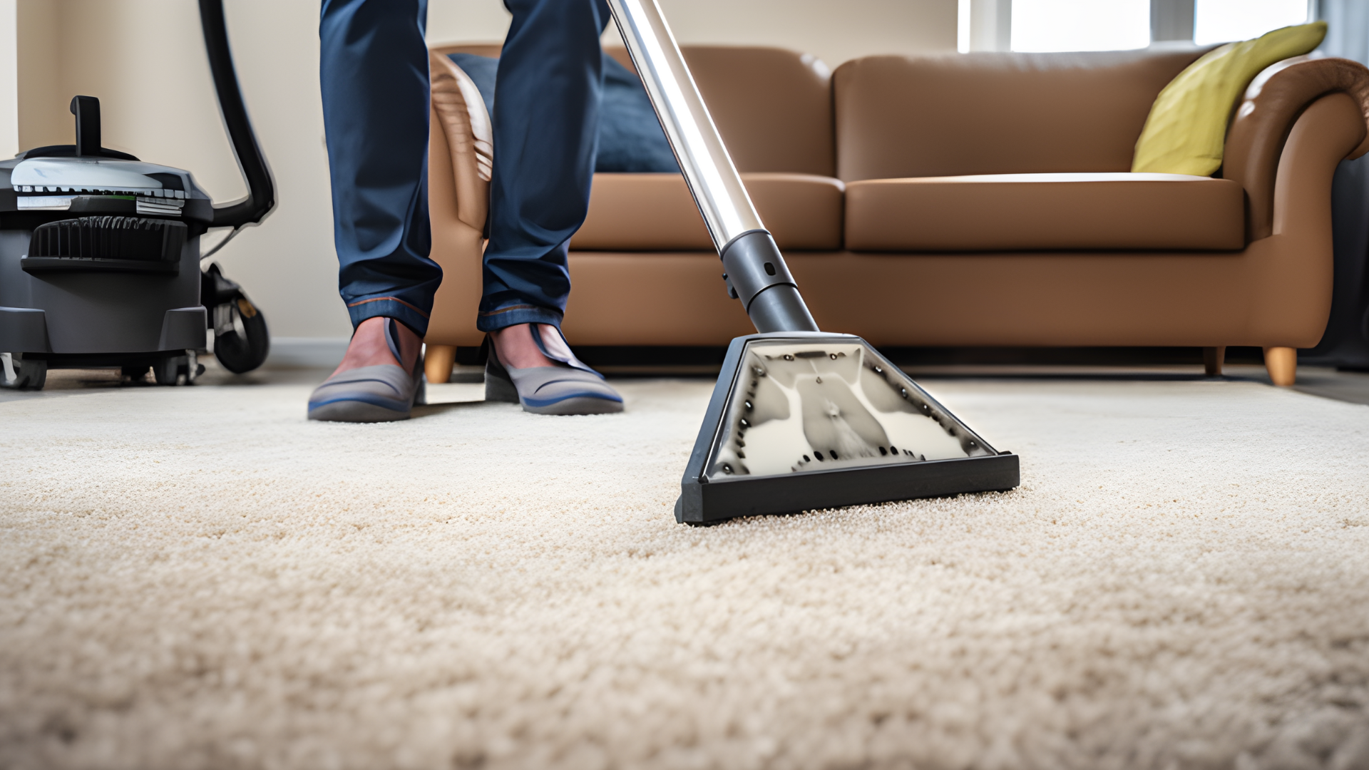 A person is using a vacuum cleaner to clean a carpet in a living room.