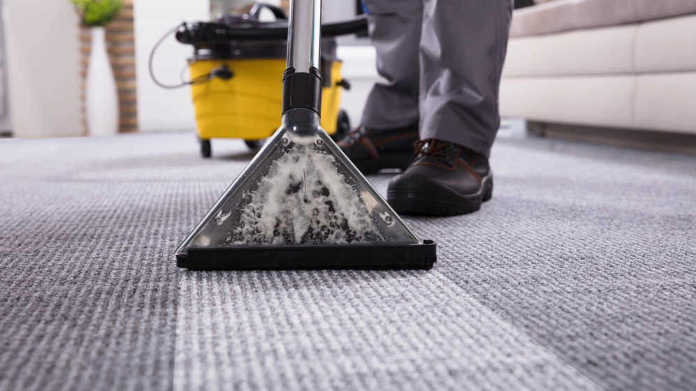 A person is cleaning a carpet with a vacuum cleaner.